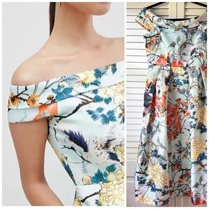 CLOSET London Off-Shoulder Wedding Guest Floral Crane Print Midi Dress US 4